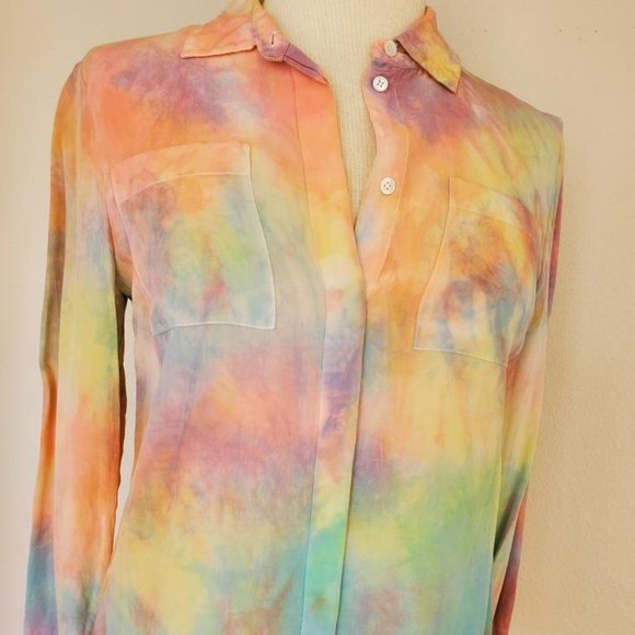 NEW JCrew silk painted tie dyed shirt pink blue purple yellow orange green 4 6 - Picture 2 of 9